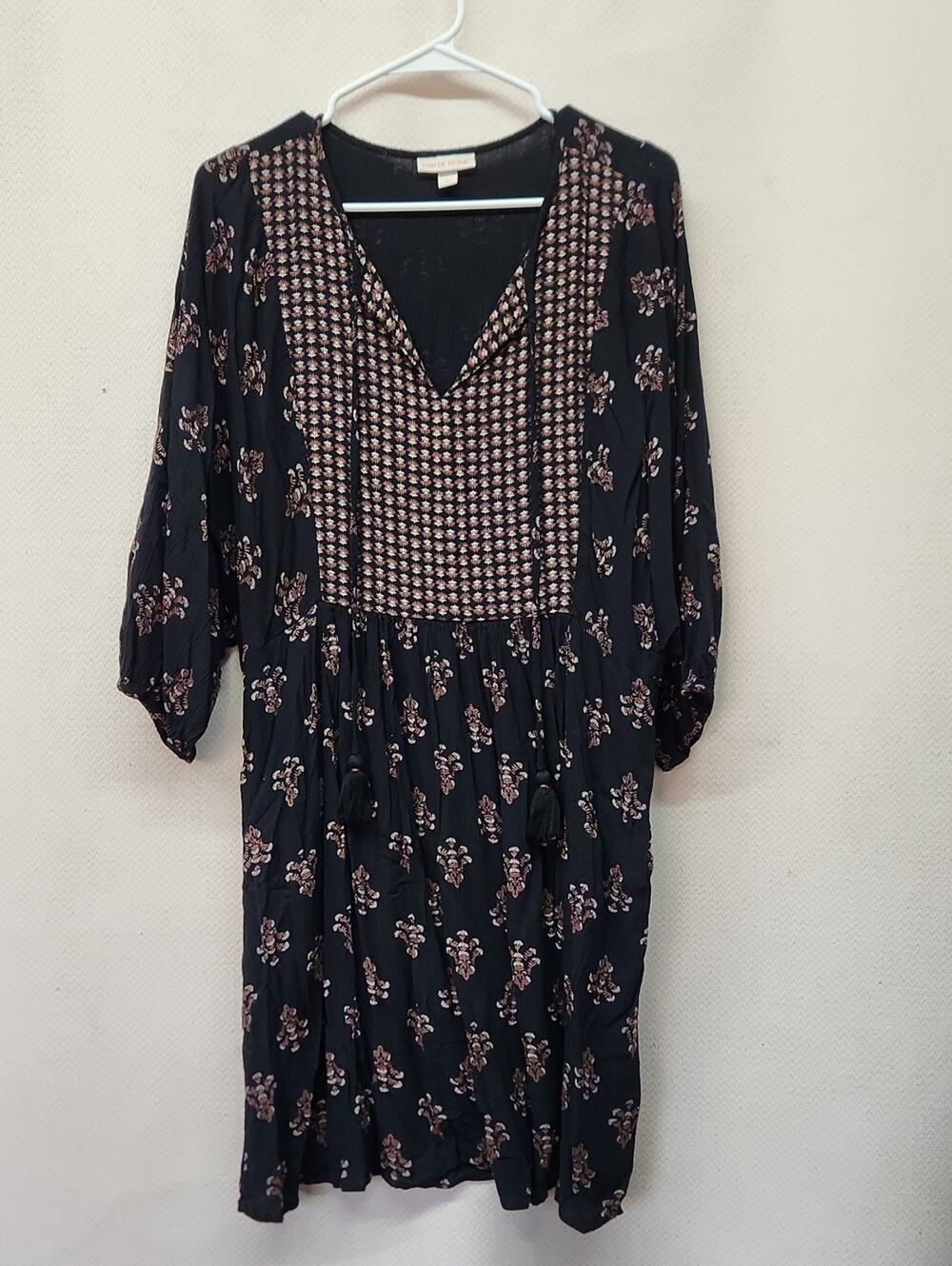 Knox Rose Black Dress with Pink Floral Print and Smocked Yoke